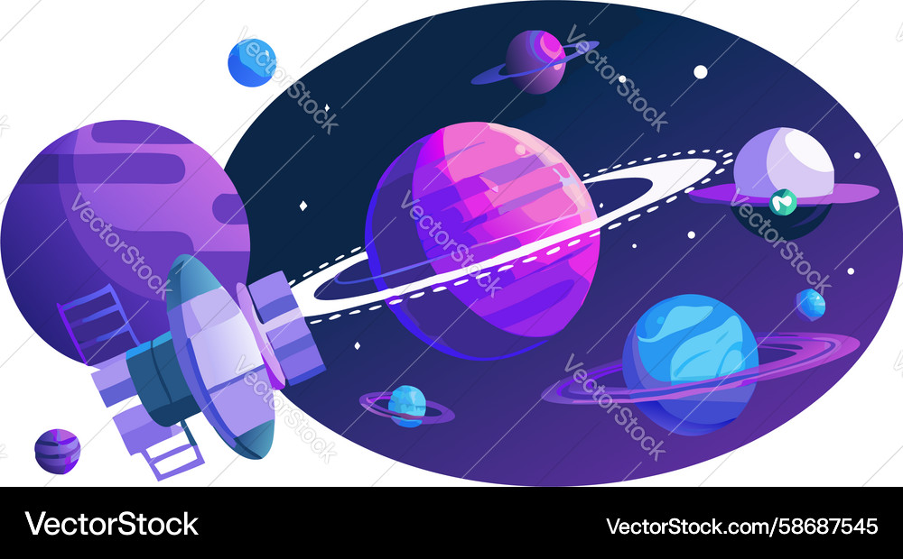 Spaceship exploring alien planets in a cosmic Vector Image