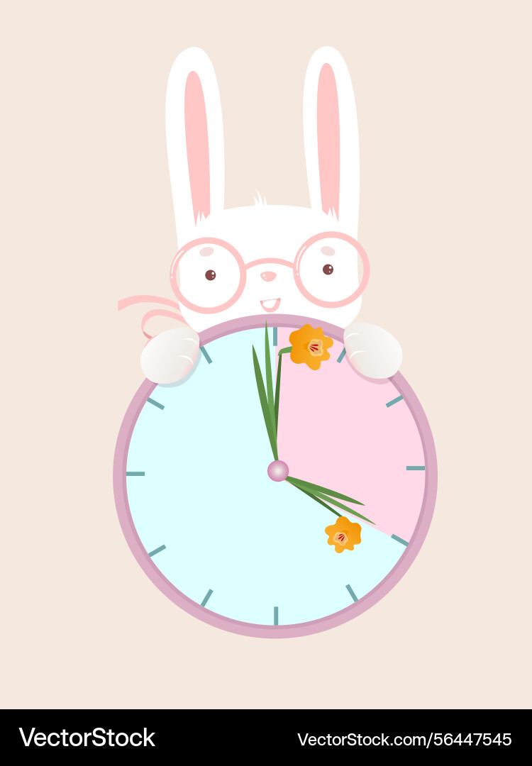 Spring time cute white rabbit with clock and flow Spring time cute white rabbit with clock and flow vector image