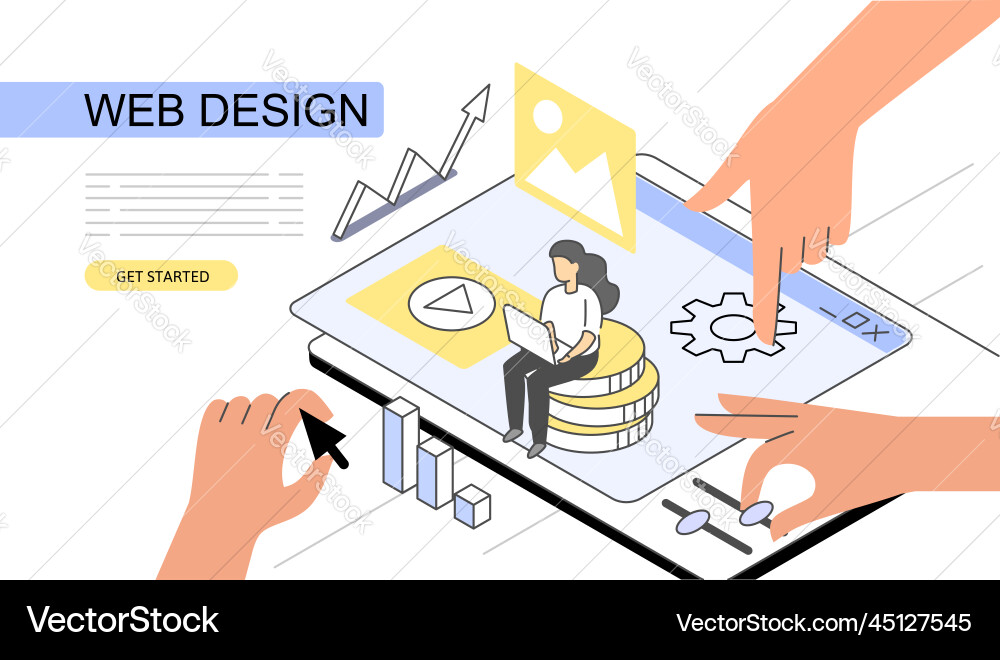 Web design isometric banner developer working Web design isometric banner developer working vector image
