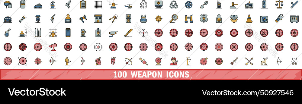 100 weapon icons set color line style 100 weapon icons set color line style vector image