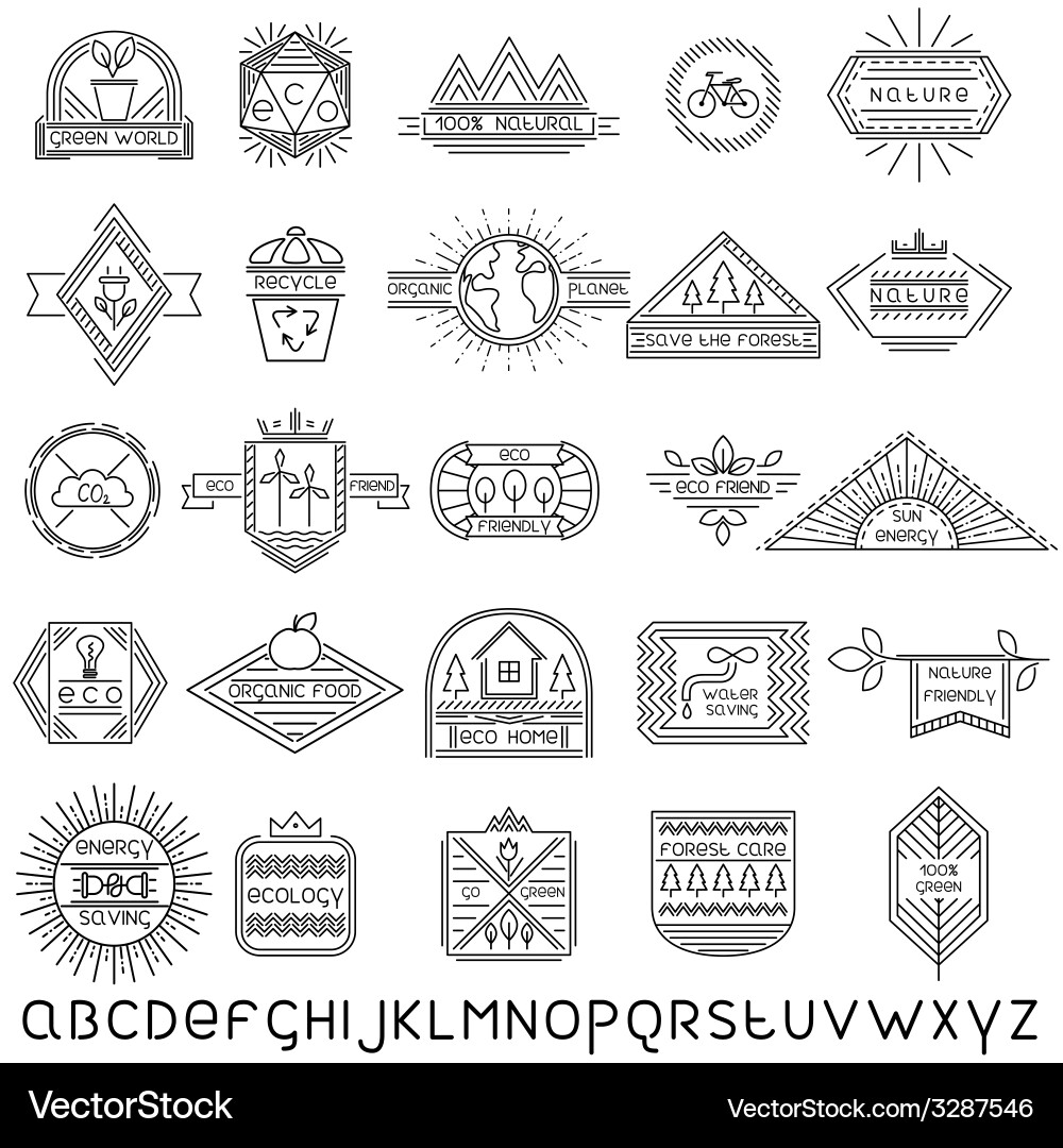 Set of thin linear ecology labels and font vector image