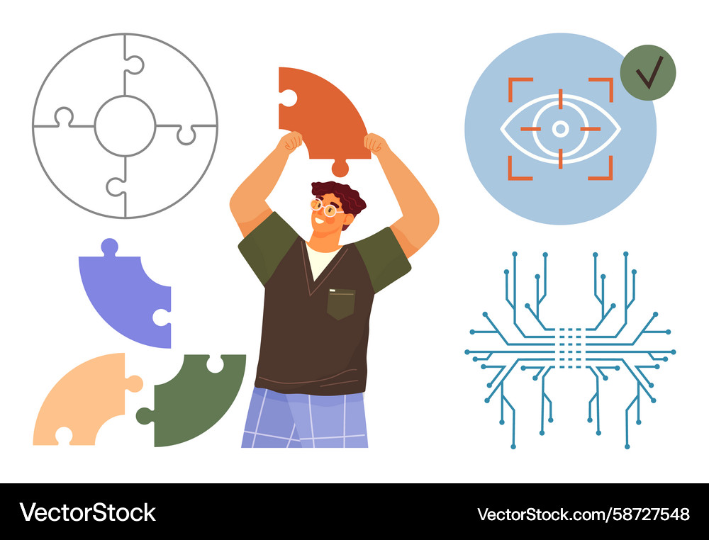 Man solving puzzle with vision target Man solving puzzle with vision target Vector Image