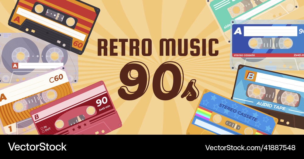 Retro-Musik 90er Banner Vintage Party Stereo Retro-Musik 90er Banner Vintage Party Stereo vektorbild