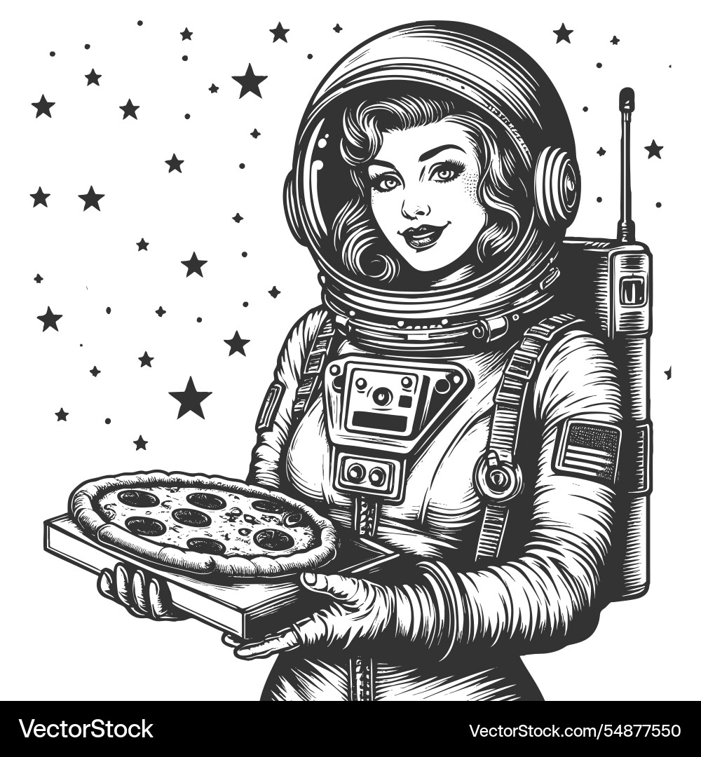 Astronaut enjoying pizza slice in space Astronaut enjoying pizza slice in space Vector Image