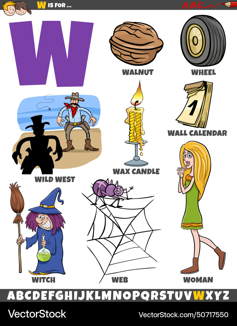 Letter w set with cartoon objects and characters Letter w set with cartoon objects and characters vector image