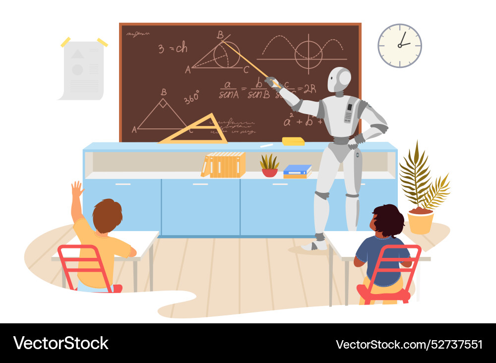 Robot ai teacher explaining mathematics task Robot ai teacher explaining mathematics task vector image