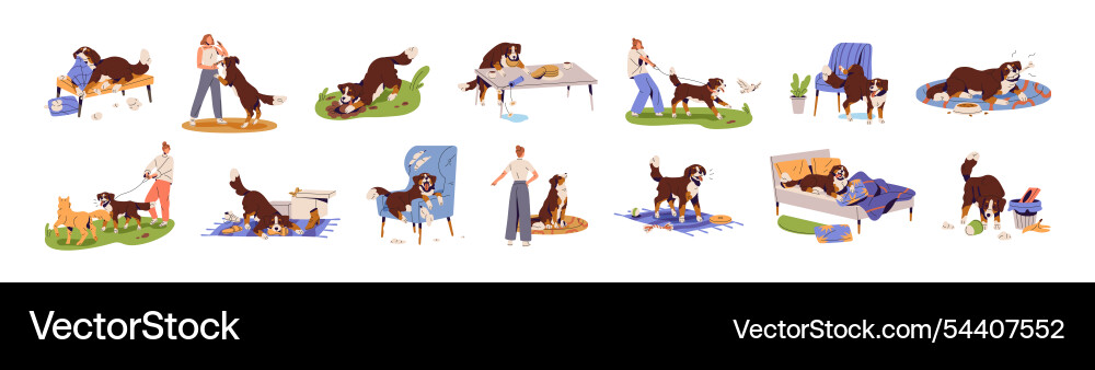 Dog behavior problems set puppy with separation Dog behavior problems set puppy with separation vector image