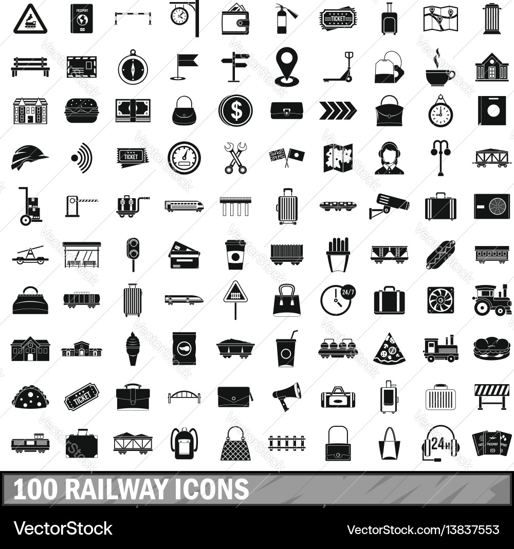 100 railway icons set simple style 100 railway icons set simple style vector image