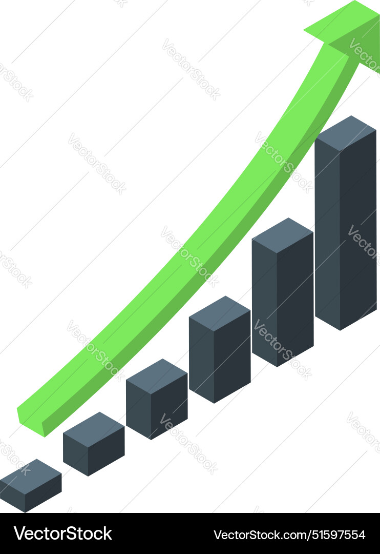 Green arrow increasing over bar graph showing Vector Image