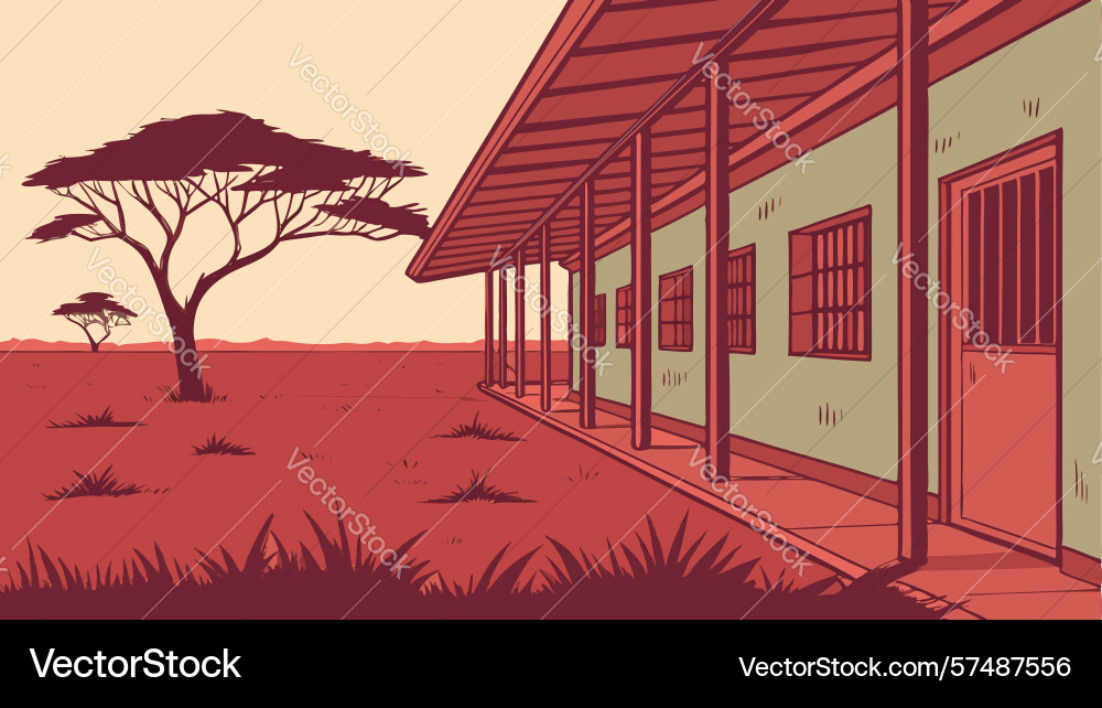 Long rustic building with columns in a warm arid vector image