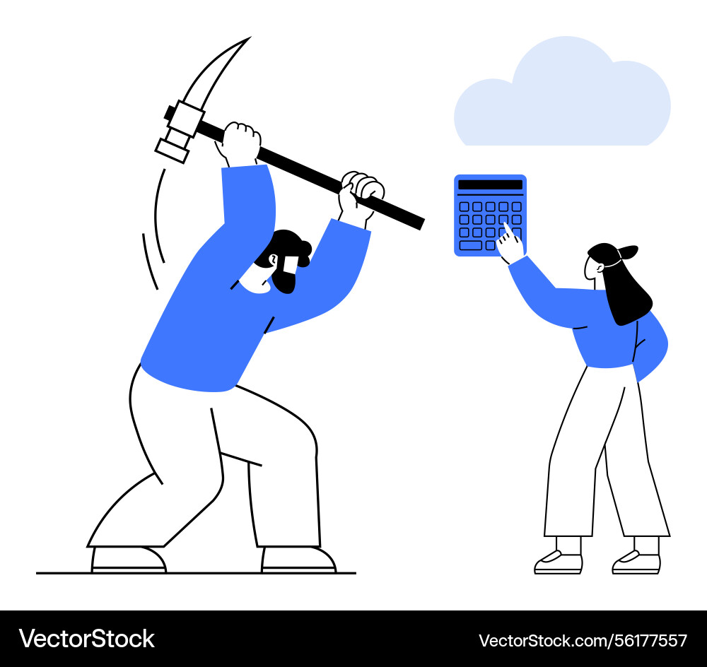 Man mining resource with pickaxe while woman Man mining resource with pickaxe while woman vector image