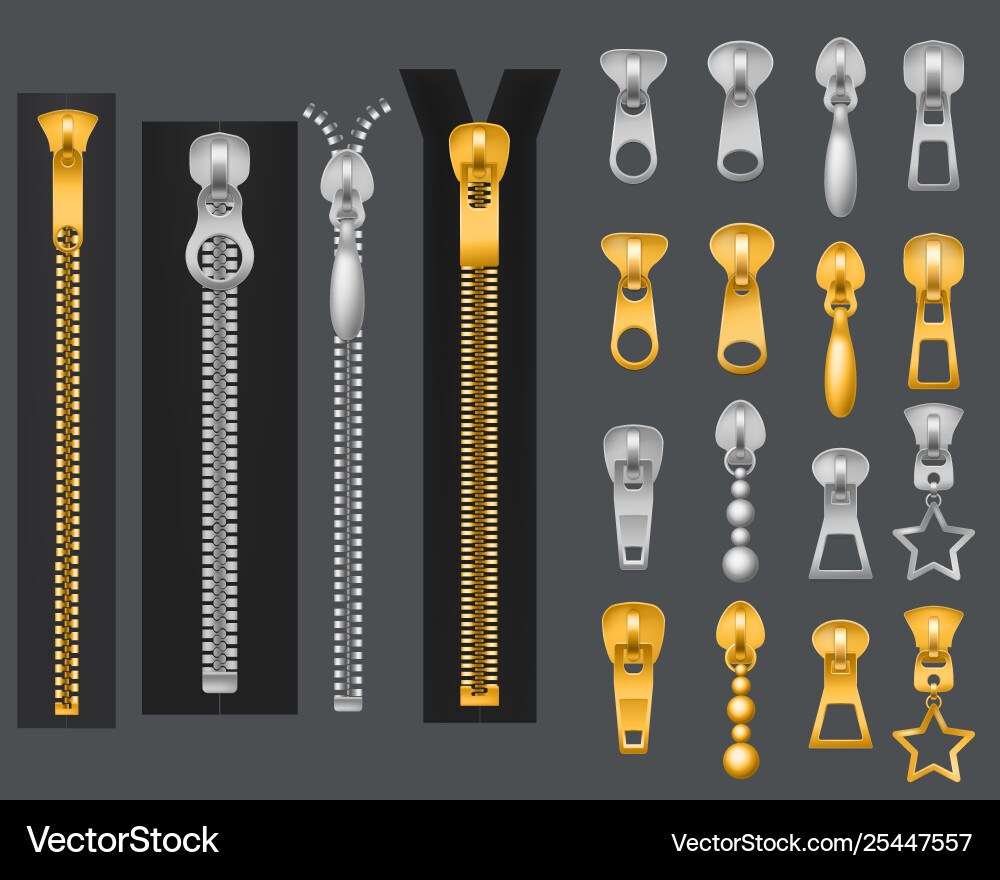 Metallic zippers realistic gold silver zipper Metallic zippers realistic gold silver zipper vector image