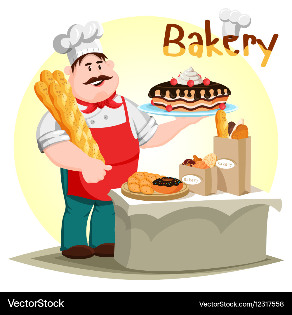 Gebäck Creamie Kuchen und Baguette in Bäckerhand Vektorbild