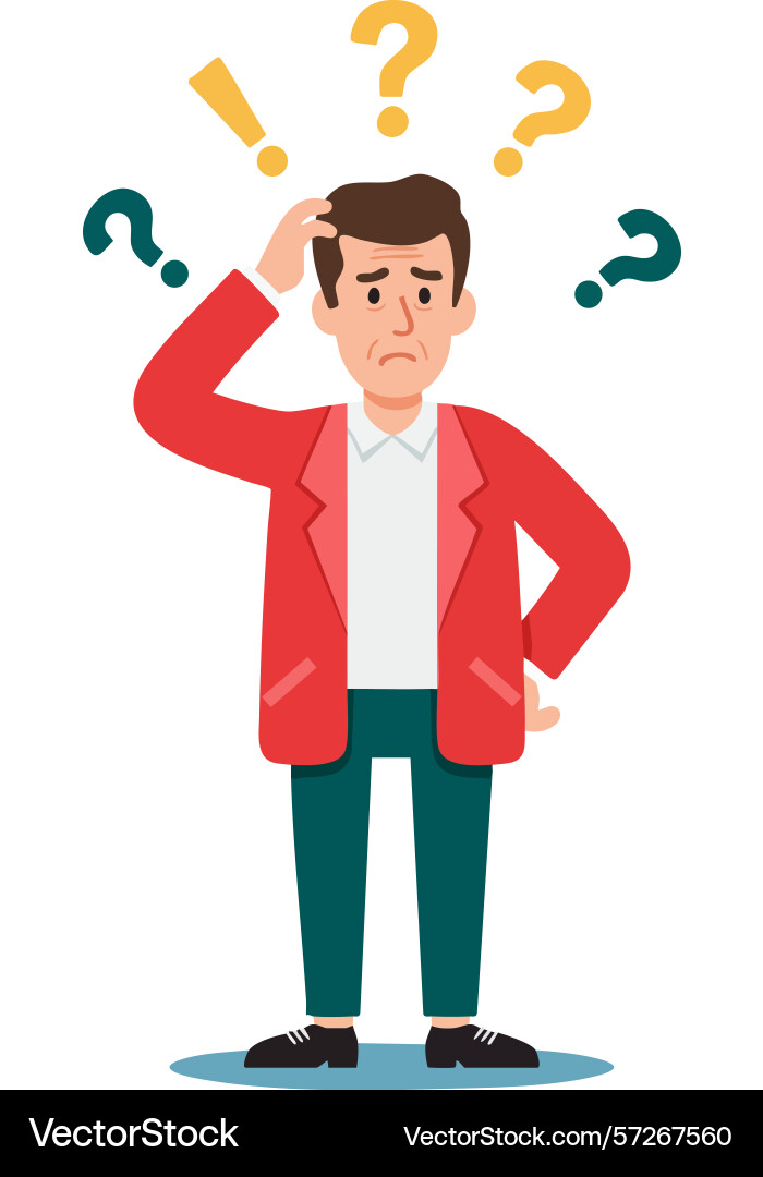 Confused man scratching head with question marks Vector Image