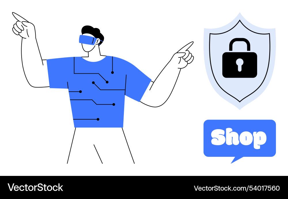 Man with vr headset pointing towards shield Man with vr headset pointing towards shield vector image