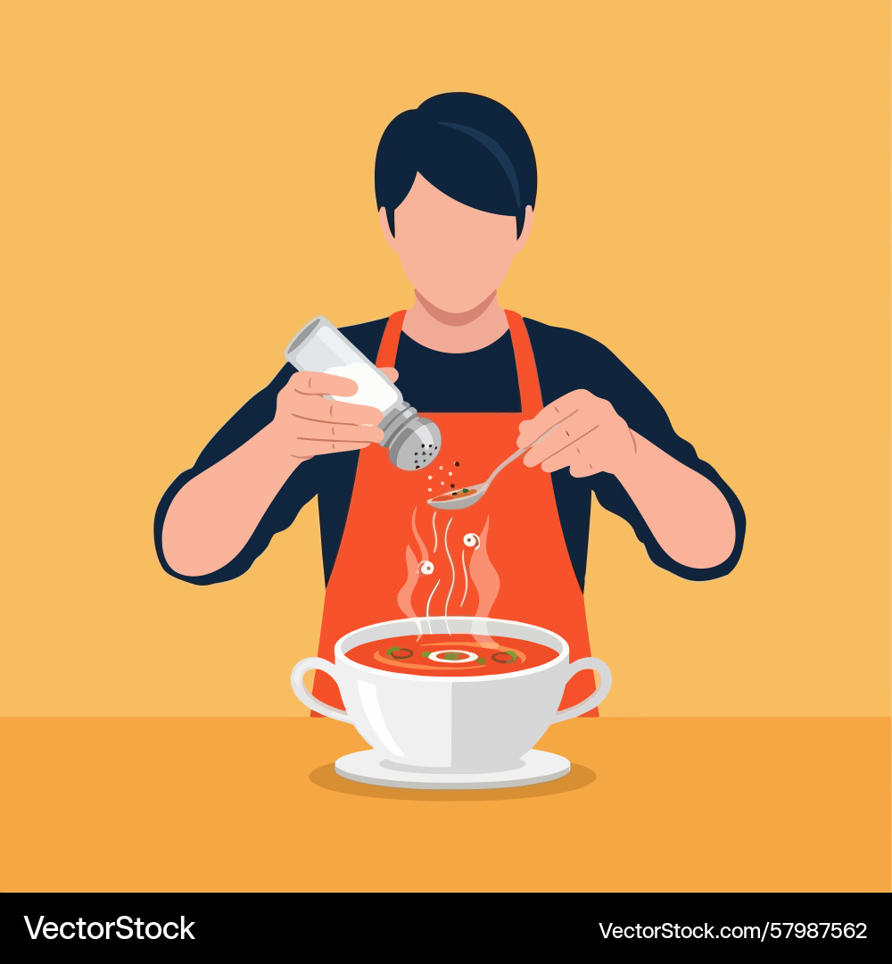 Adding salt to hot soup with spoon and apron Vector Image