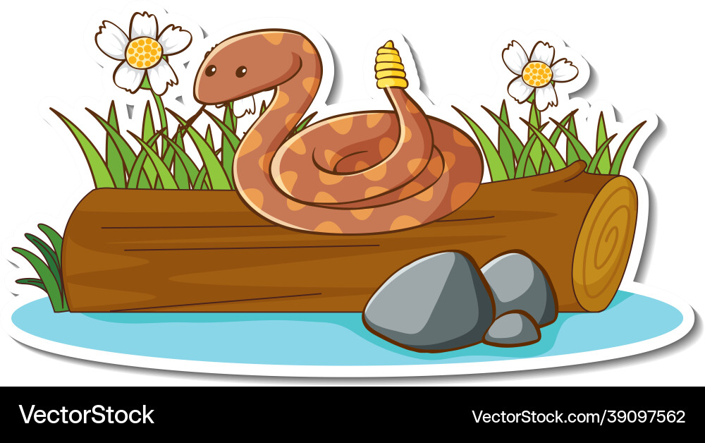 Rattle snake on a log with nature element sticker Rattle snake on a log with nature element sticker vector image
