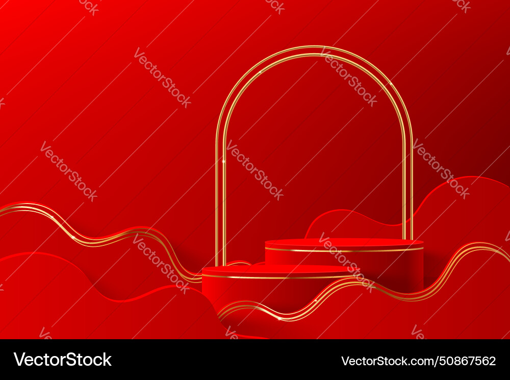 Red luxury chinese podium stage golden arch waves Red luxury chinese podium stage golden arch waves vector image