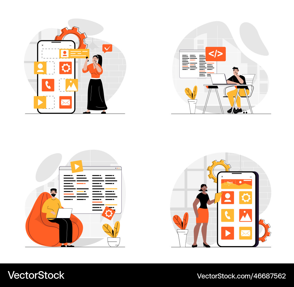 Ui ux development concept with character set vector image