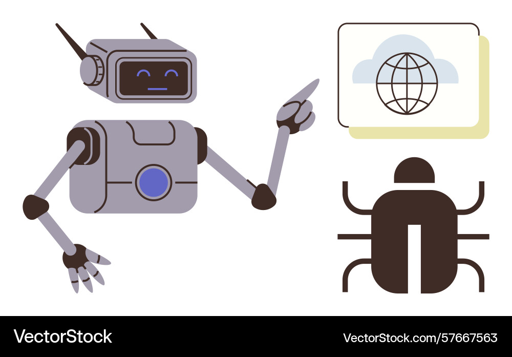 Robot demonstrating cloud networking and bug Robot demonstrating cloud networking and bug vector image