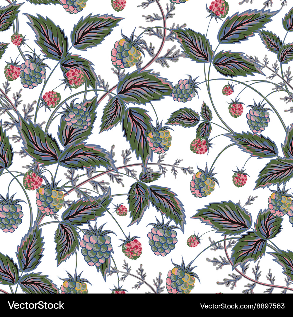 Seamless pattern with leaves and raspberry Vector Image