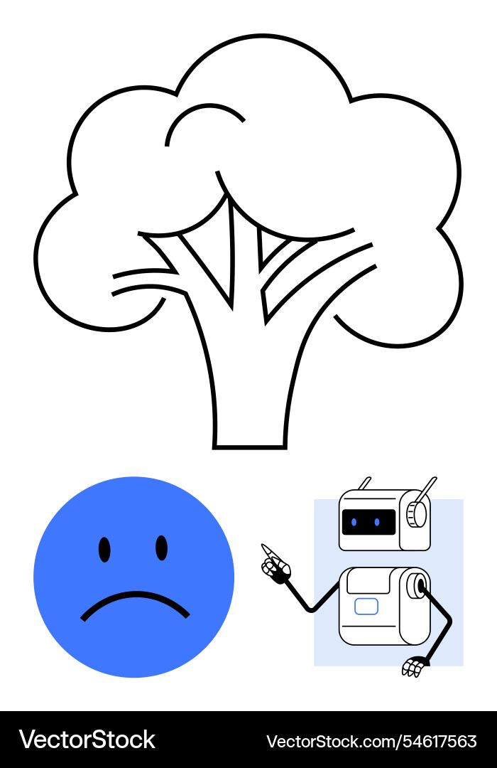 Tree with sad face emotion and pointing robot Tree with sad face emotion and pointing robot Vector Image