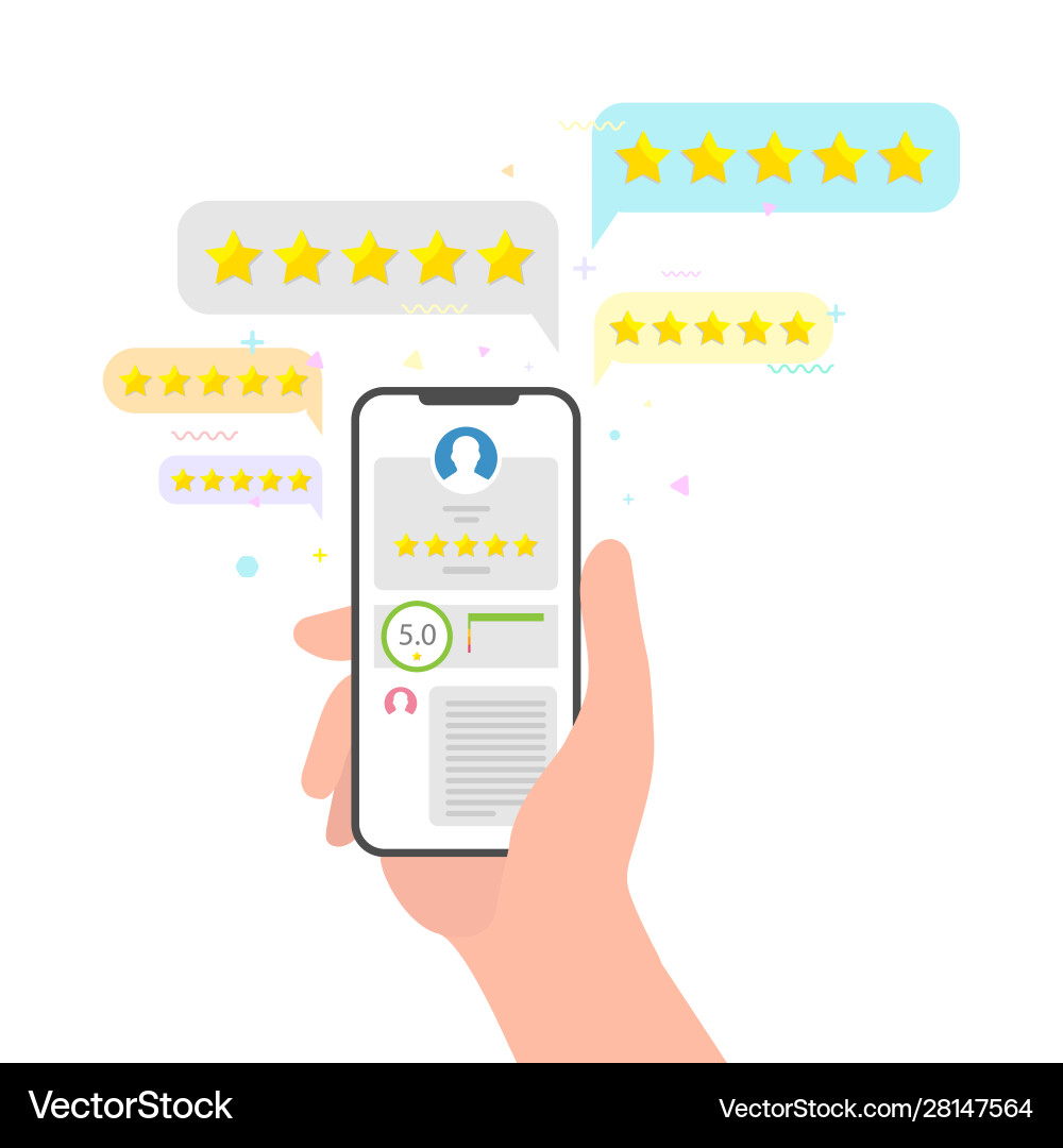 Hand holding phone and stars rating feedback Hand holding phone and stars rating feedback vector image