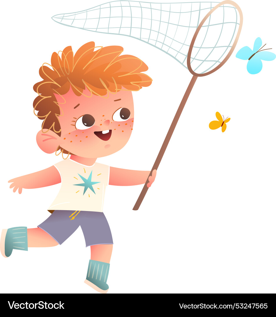 Boy playing running catching butterfly with net vector image