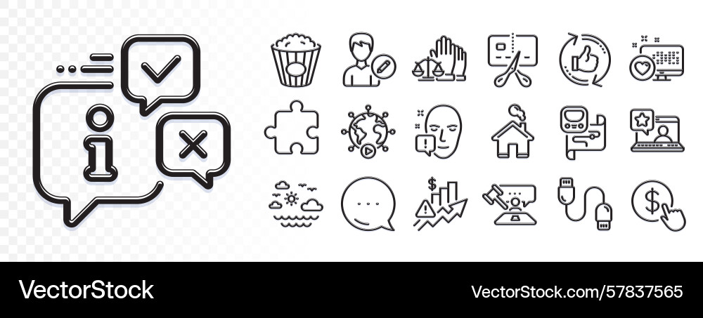Popcorn judge hammer and puzzle line icons Vector Image