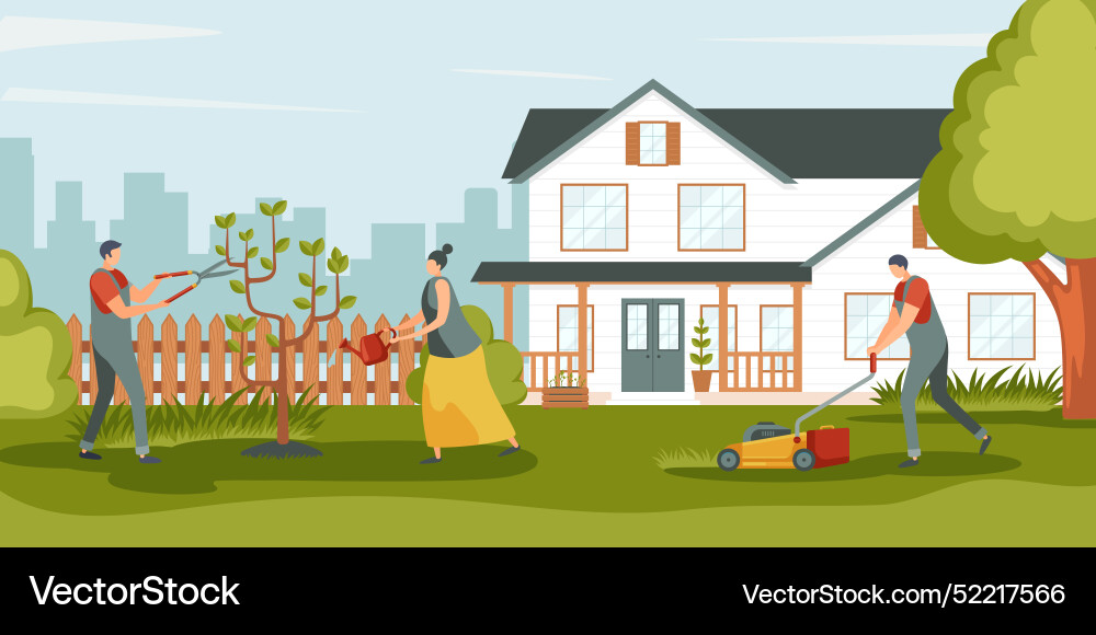 People gardening young man and woman care about People gardening young man and woman care about vector image