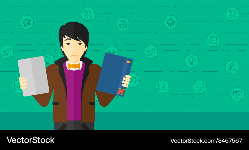 Man choosing between book and tablet computer Vector Image