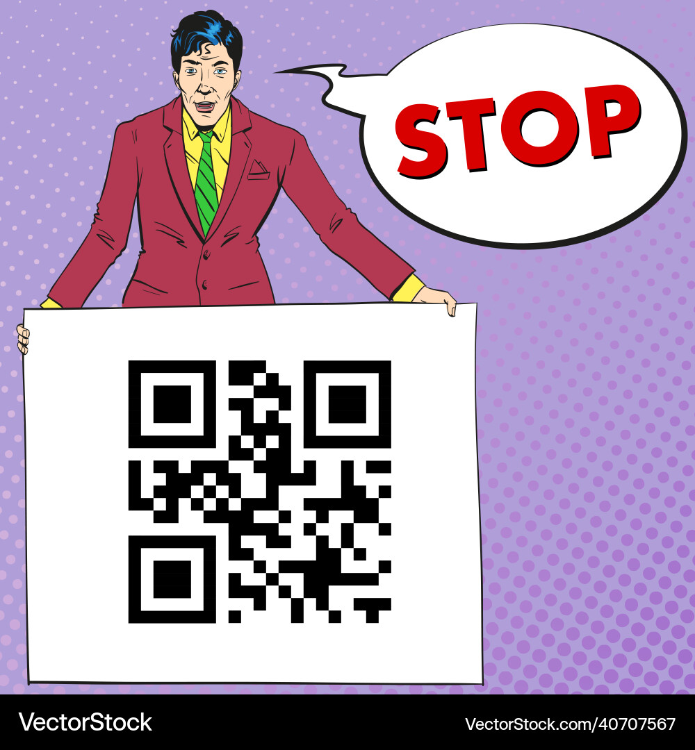 Mann in Anzug halten Billboard sagen stoppen qr Code Mann in Anzug halten Billboard sagen stoppen qr Code Vektorbild