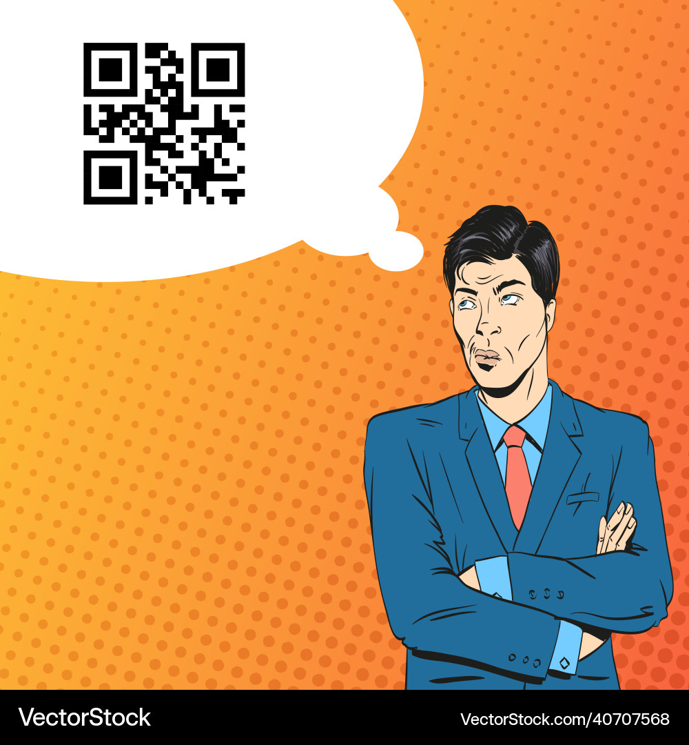 Man in a suit is thinking about qr code Man in a suit is thinking about qr code vector image
