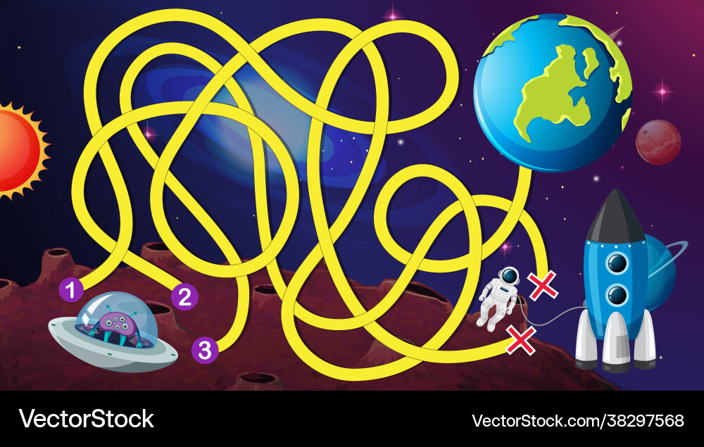 Maze game with space theme template Maze game with space theme template Vector Image