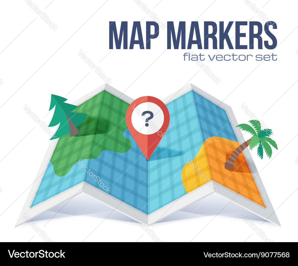 Red marker with question on flat style map Vector Image