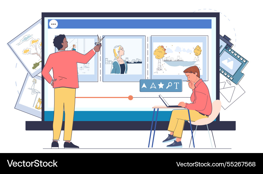 Video editors team men with computers processing Video editors team men with computers processing vector image