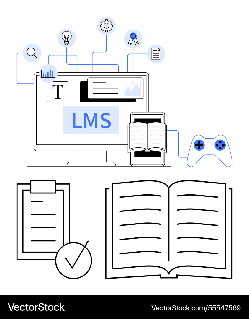 Digital learning management system with open book Digital learning management system with open book vector image