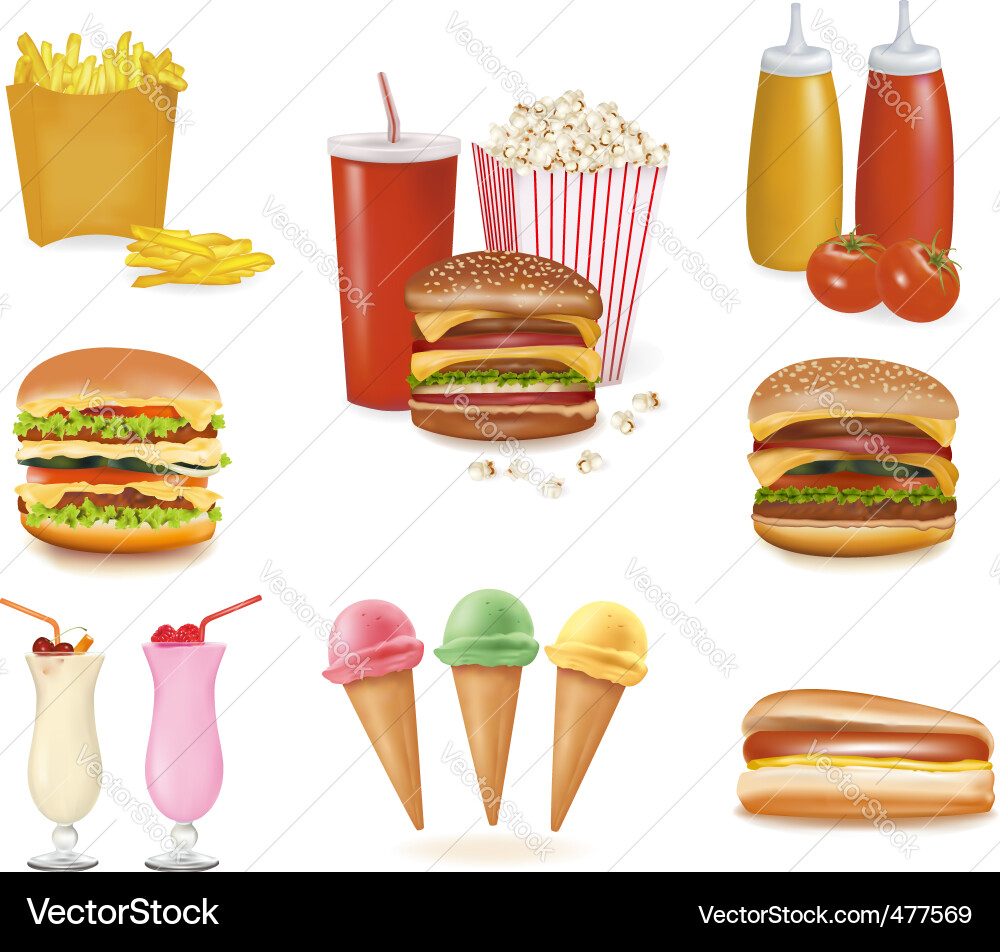 Fast Food Set - Hamburgers, Popcorn & Drinks Vector Image