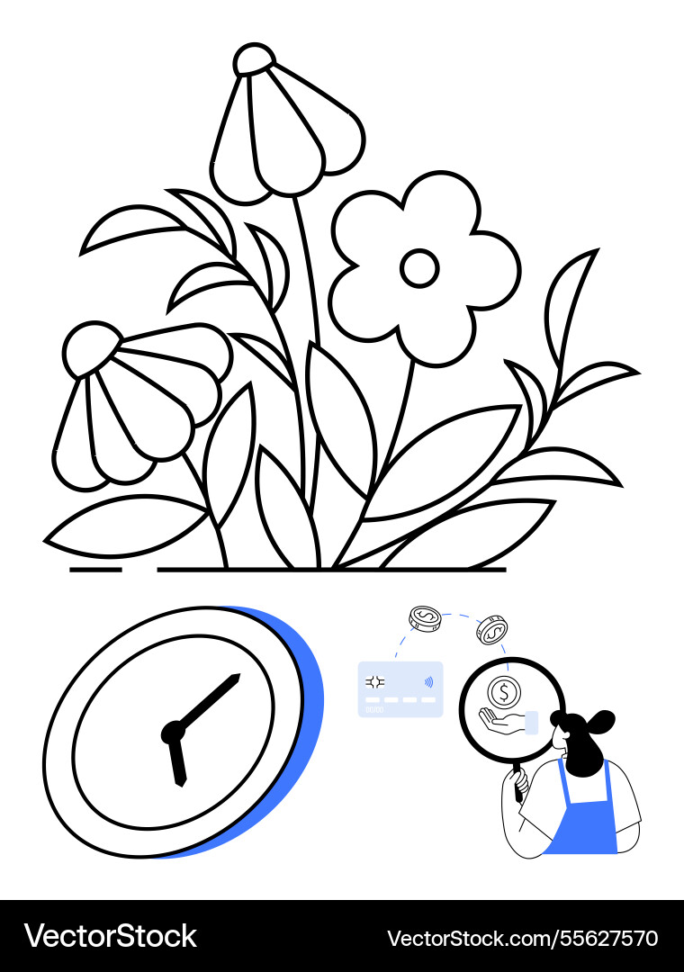 Botanical line art with clock and person designing Botanical line art with clock and person designing vector image