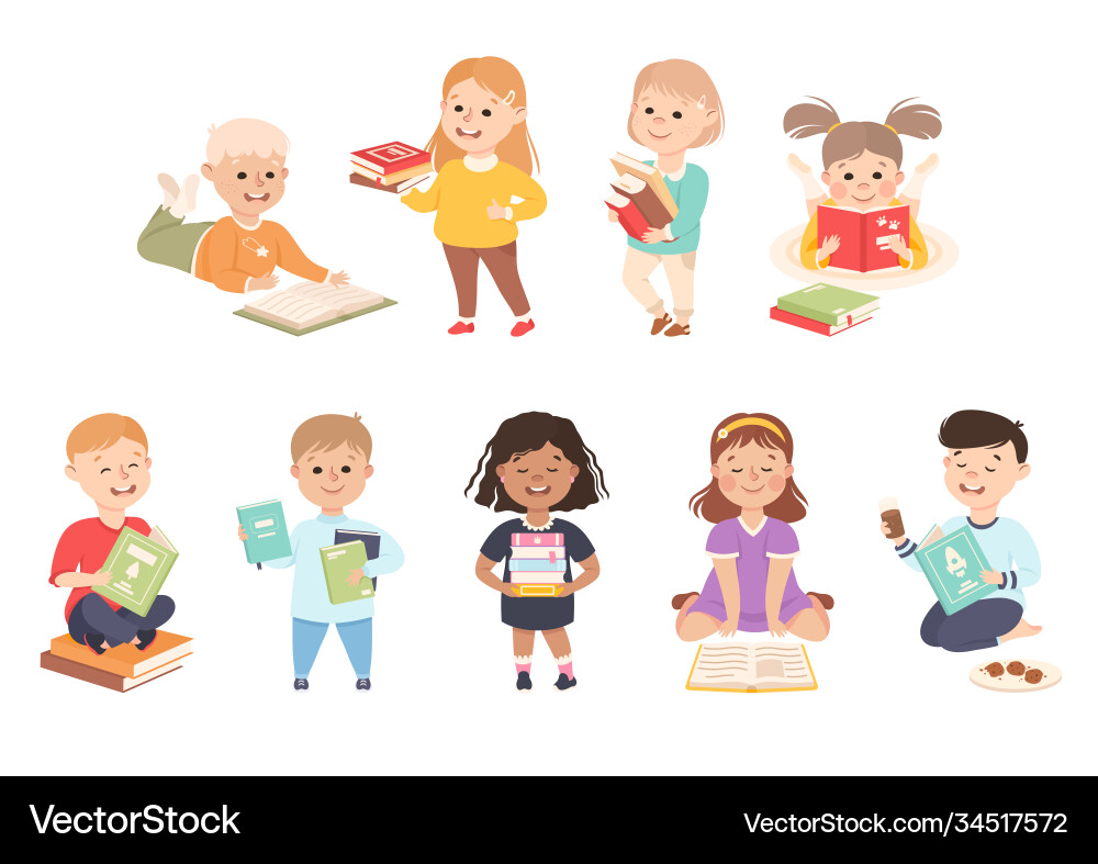 Glückliche kleine Kinder lesen Bücher Set Vorschule Glückliche kleine Kinder lesen Bücher Set Vorschule vektorbild