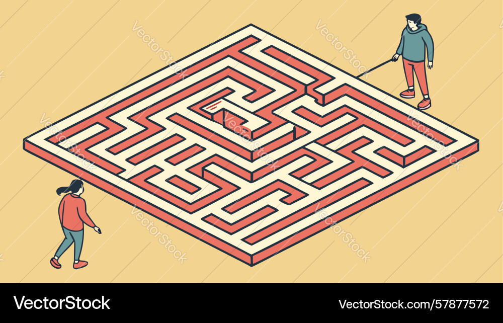 Two people solving isometric rectangular maze Vector Image