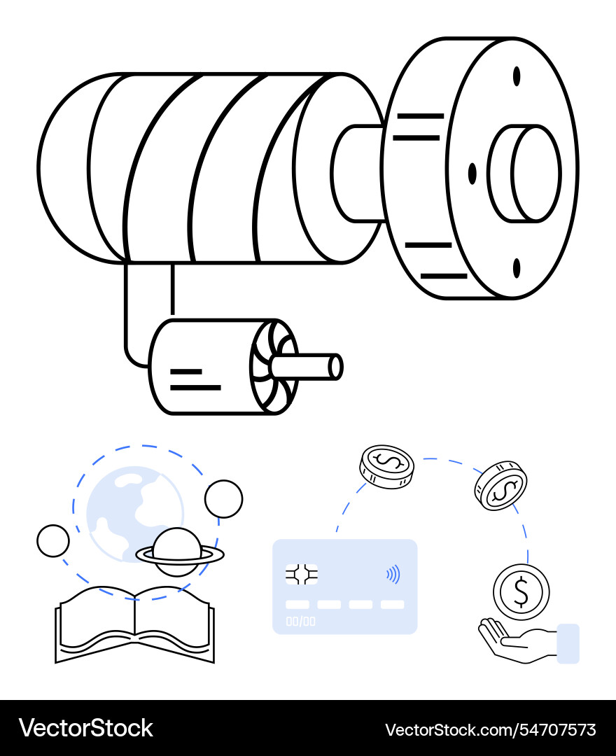Industrial machine component with motor and global Industrial machine component with motor and global vector image