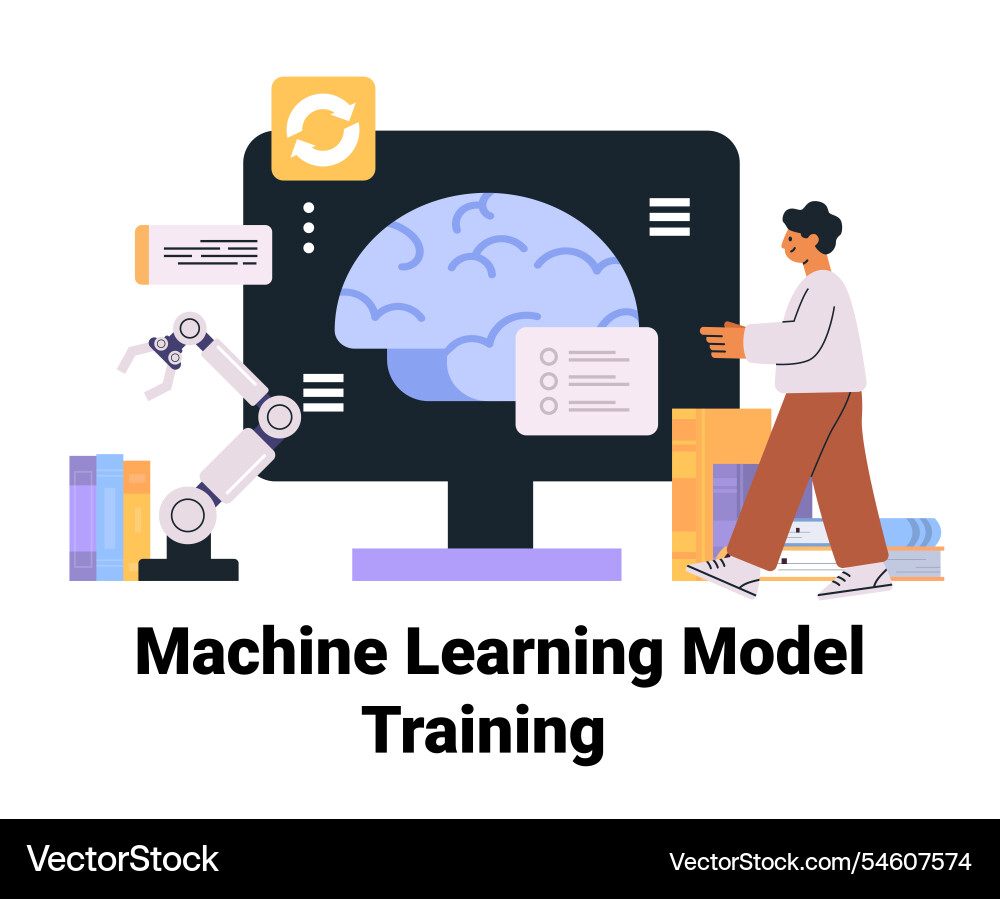 Machine learning model training concept with robot Machine learning model training concept with robot vector image