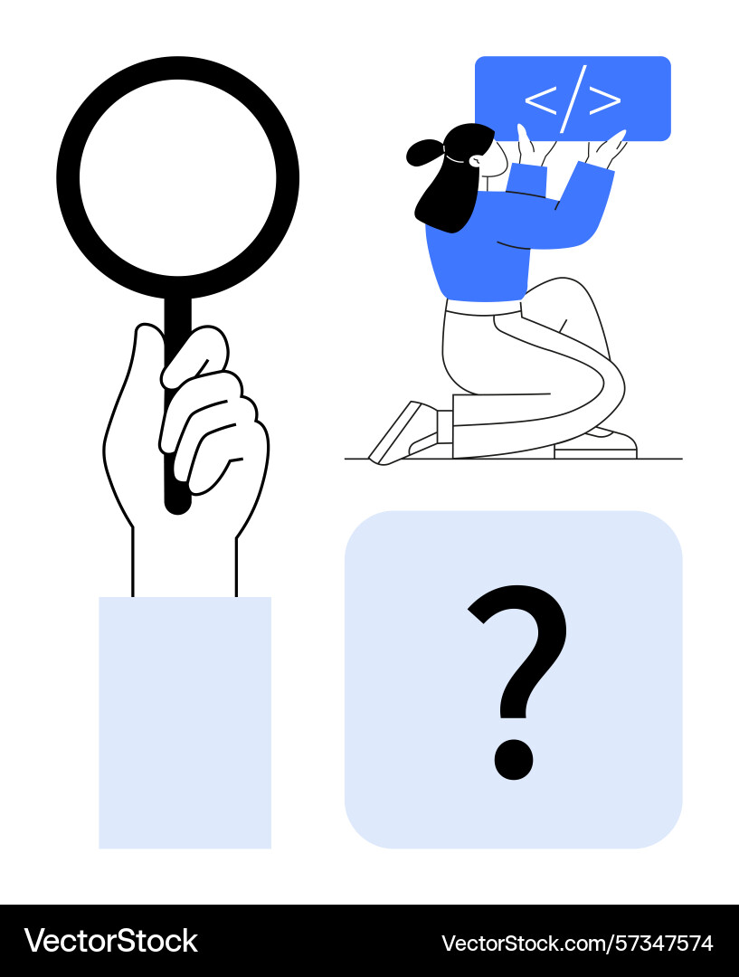 Searching for solutions in code with magnifying Searching for solutions in code with magnifying Vector Image