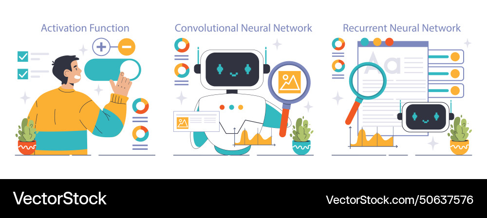 Neural network explained set flat Neural network explained set flat vector image
