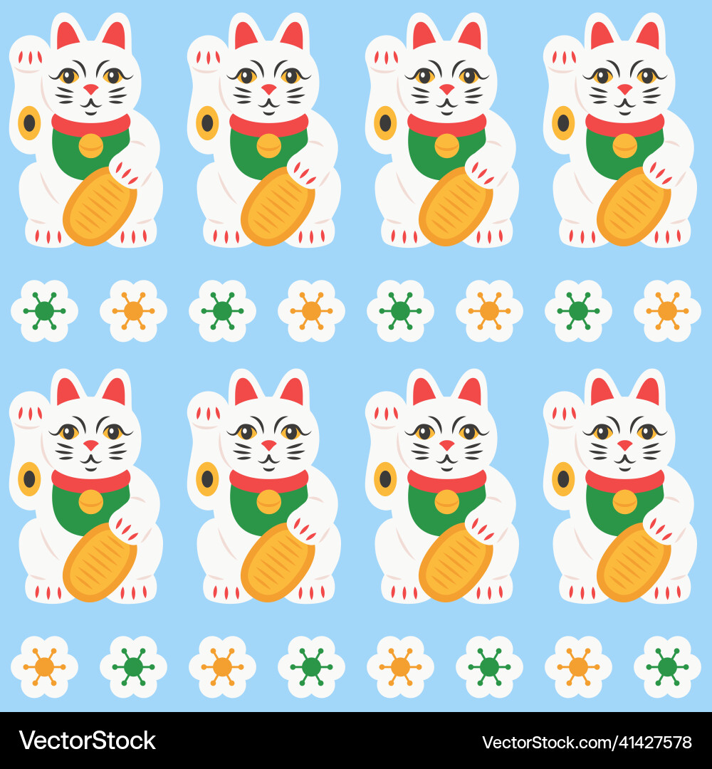 Maneki neko cat with coin seamless pattern Vector Image