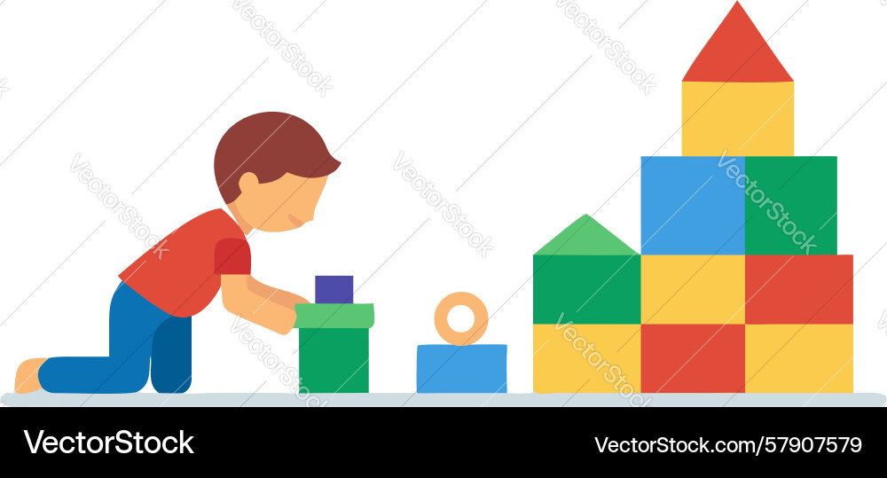 Child constructing with colorful building blocks Vector Image