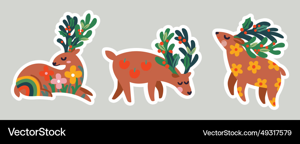 Stickers of three cute christmas deers with horns Stickers of three cute christmas deers with horns vector image