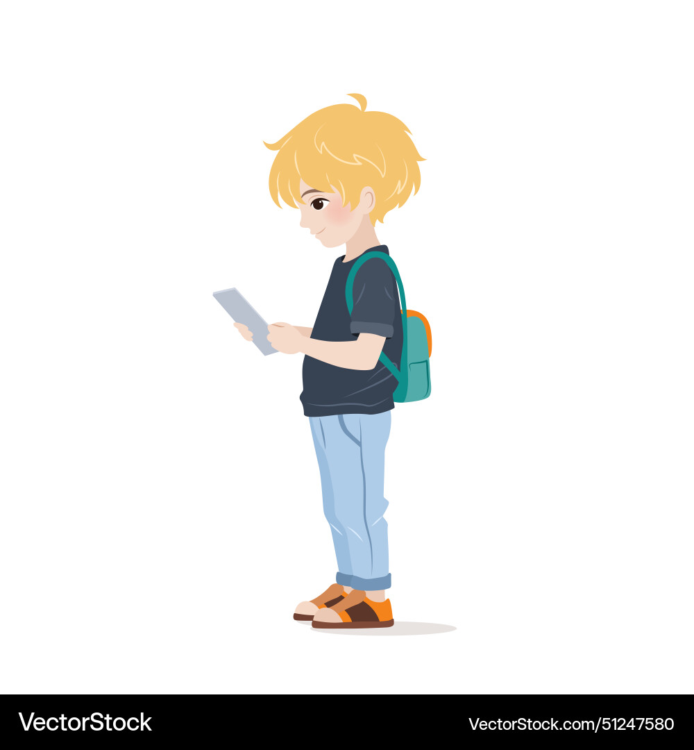 Boy standing and using his tablet Royalty Free Vector Image