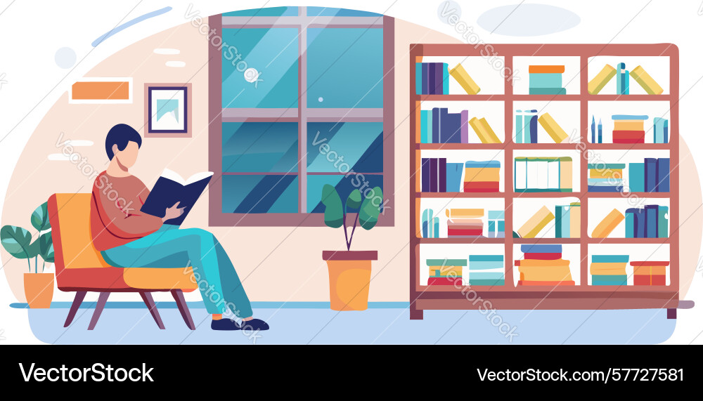 Cozy reading nook with bookcase and window view Vector Image